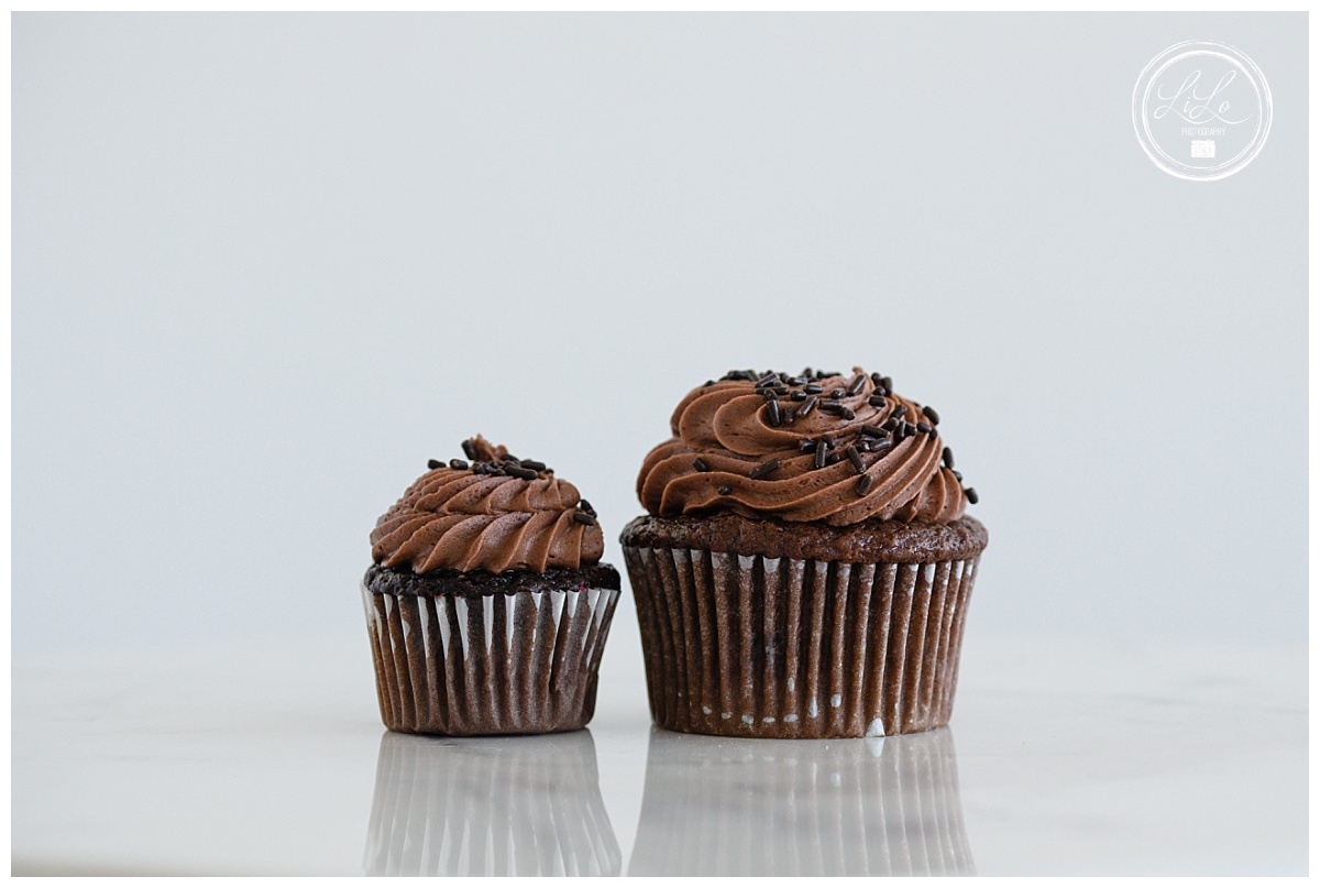Denver Product Photography comparison picture of two chocolate cupcakes for Denver branding photos by Denver branding photographer.