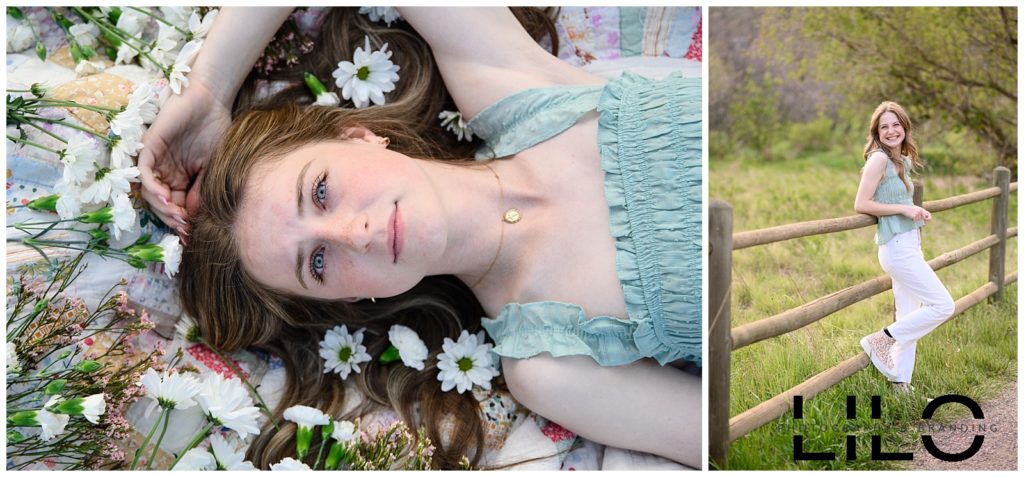 A collage of pictures of a girl laying on a blanket in a green top with flowers around her and then another one of her leaning on a fence at Lair o the bear park in Morrison captured by a Littleton Senior Photographer.