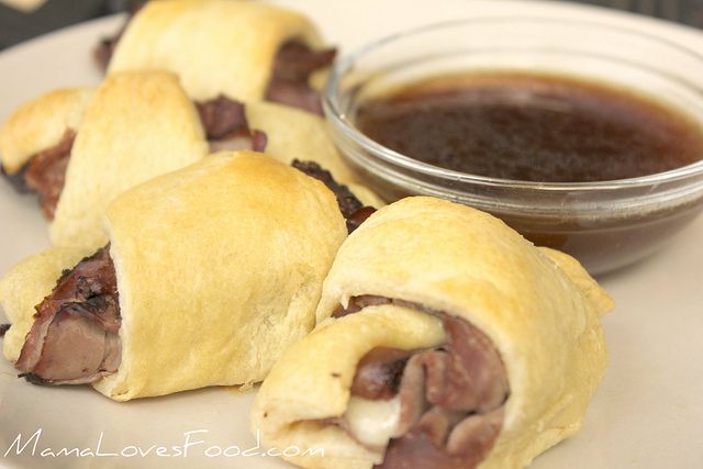 French Dip Crescents: packaged crescent rolls, deli roast beef, Swiss or provolone cheese, Bake!