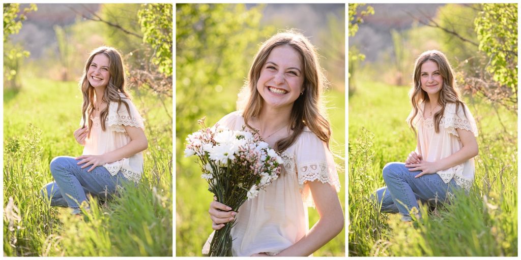 A collage of three images in the bright sunshine of a senior girl in a white lacy shirt holding flowers and smiling at a Denver Senior Photographer.