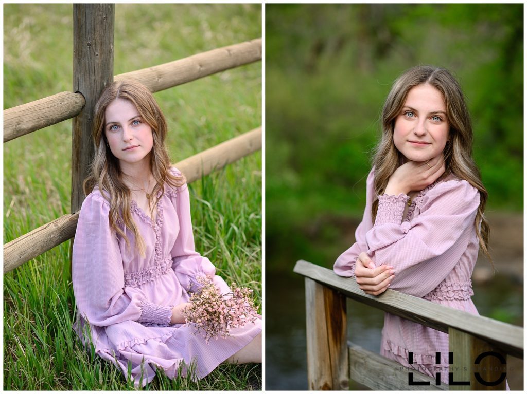 A collage of Denver Senior Pictures of a girl in a pink frilly dressing sitting and standing by a wooden fence as captures by a Denver Senior Photographer at Lair O The Bear Park in Morrison Colorado.