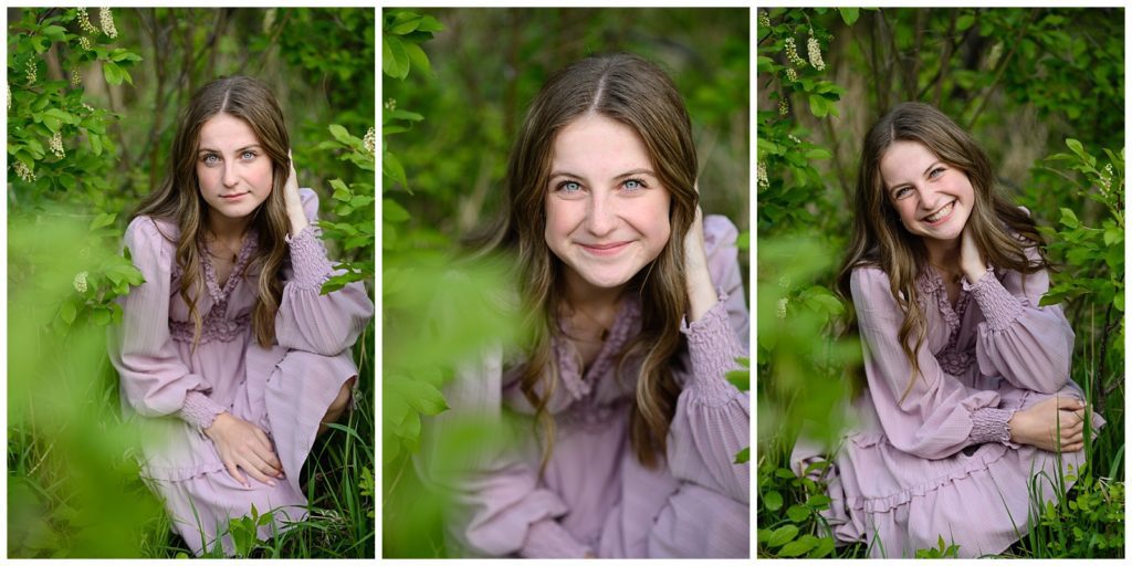 Denver Senior Photographer takes Denver senior photos of a girl with long blonde wavy hair in a pink dress with ruffles sitting in the middle of a green area with leaves all around. It is a collage of 3 images.