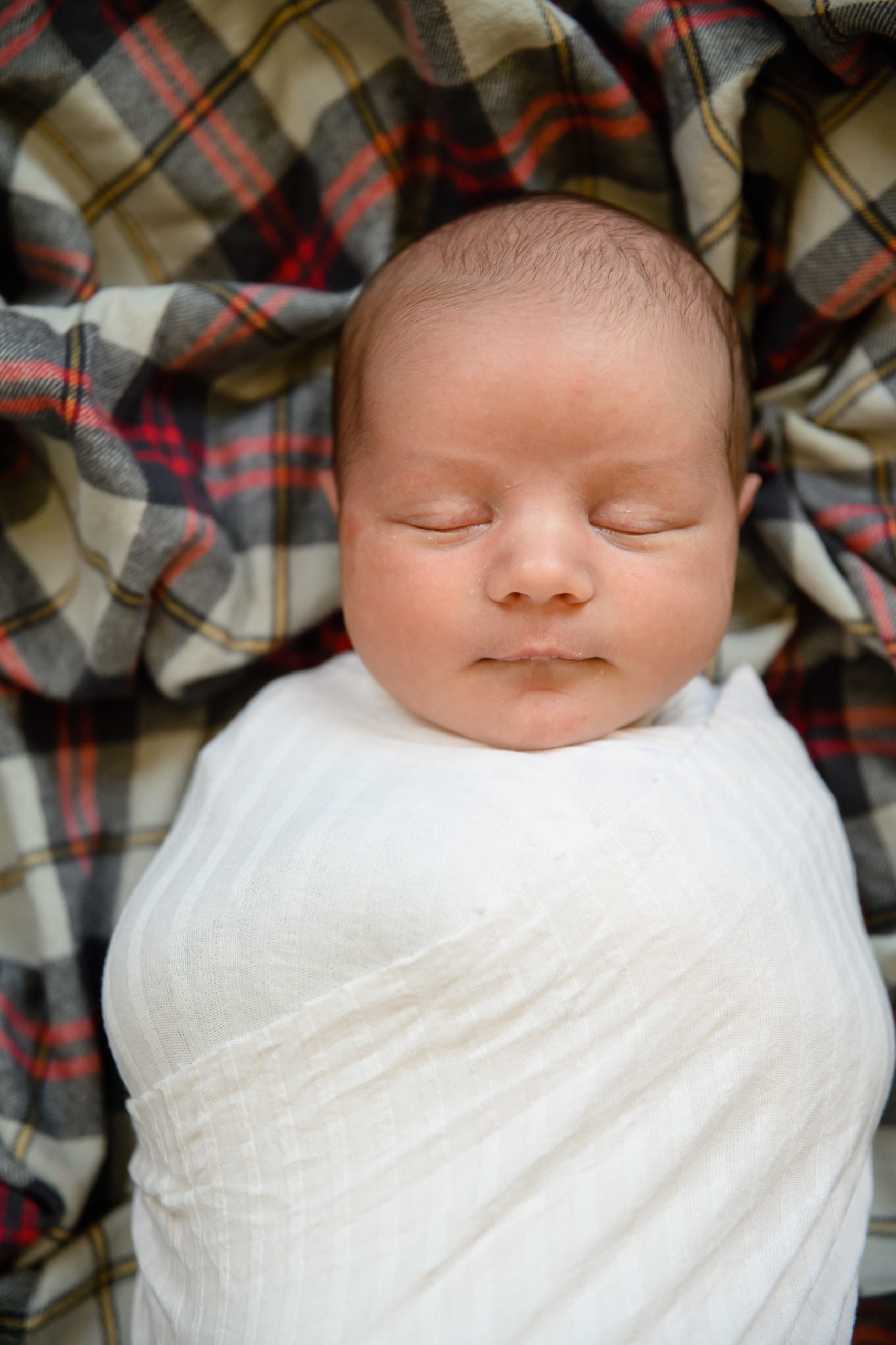 A top-down view of newborn baby wrapped in a white cloth and laid in a flannel blanket taken by a Denver Photographer.