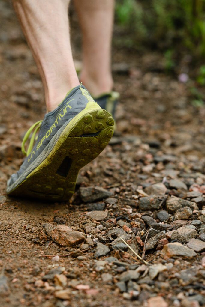 A closeup of a dirty hiking shoe on a trail for Denver Branding Photos.