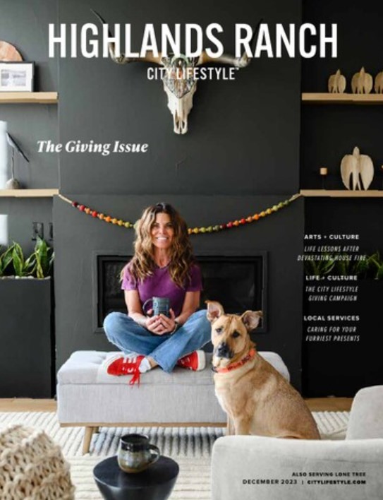 A magazine cover for Highlands Ranch Lifestyle of a woman in her house with her dog for her Denver branding photos by a Denver branding photographer.