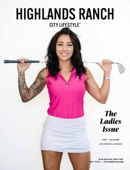 A magazine cover for Highlands Ranch Lifestyle of a woman standing and holding a golf club for her Denver branding photos by a Denver branding photographer.